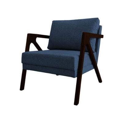 Poltrona Sala De Estar Base Madeira Maciça Monique Castanho Azul Linho