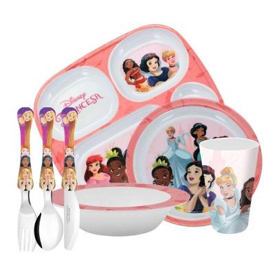 Jogo Refeição Infantil Princesas Disney 7 Peças Bandeja Divisória, Prato Fundo, Tigela, Copo E Talheres- Tuut
