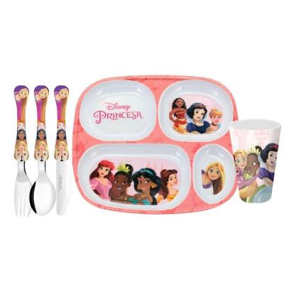 Kit Refeição Infantil Princesas Disney 5 Peças Prato Divisória, Copo E Talheres Inox - Tuut