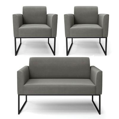Sofá Namoradeira Com 2 Poltronas Base Industrial Preto Marisa Suede Grafite