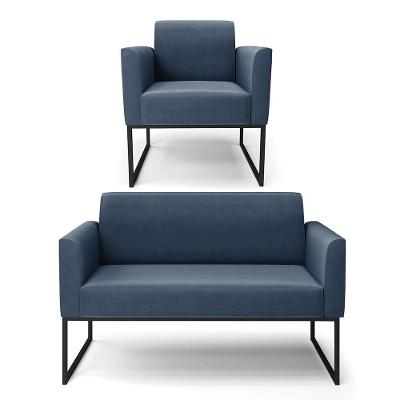 Sofá Namoradeira Com Poltrona Base Industrial Preto Marisa Suede Azul Marinho