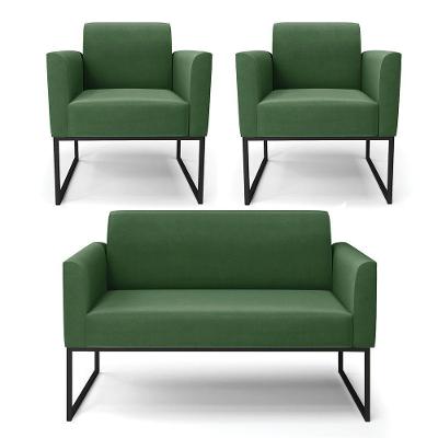 Sofá Namoradeira Com 2 Poltronas Base Industrial Preto Marisa Suede Verde