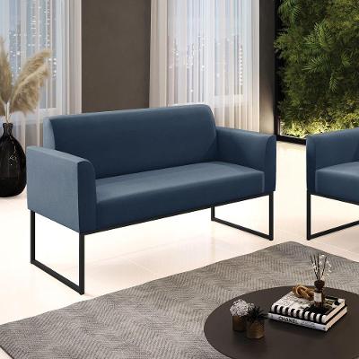 Sofá Namoradeira Base Industrial Preto Marisa Suede Azul Marinho
