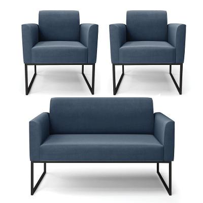 Sofá Namoradeira Com 2 Poltronas Base Industrial Preto Marisa Suede Azul Marinho