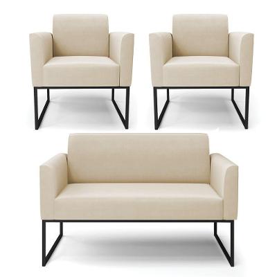 Sofá Namoradeira Com 2 Poltronas Base Industrial Preto Marisa Suede Bege