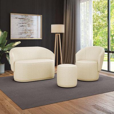 Sofá Namoradeira Com Poltrona E Puff Orgânico Sala Malu Bouclê Bege M11 - D'rossi