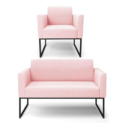 Sofá Namoradeira Com Poltrona Base Industrial Preto Marisa Suede Rosa Bebê