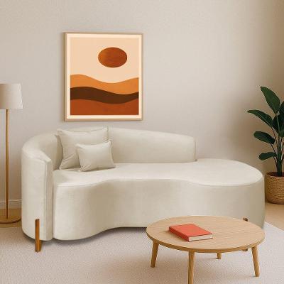 Divã Recamier Curvo Sala De Estar Recepção Inglaterra 200cm Pés Madeira Lado Direito Bouclé Bege