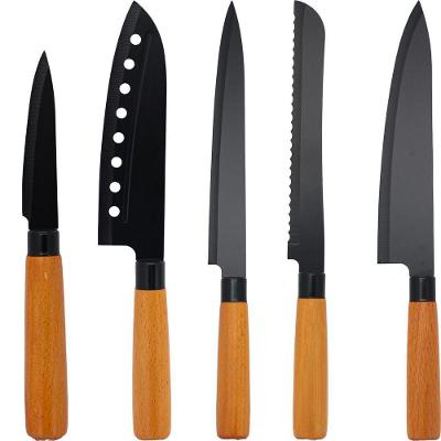 Kit C-5 Facas De Corte Inox Premium Wood Black Cabo Madeira