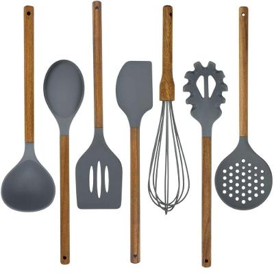 Kit 7 Utensílios Cozinha Silicone Cinza Cabo Madeira Acácia