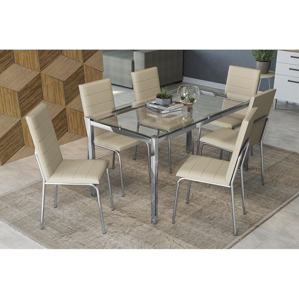 Conjunto: Mesa Sala Jantar Reno C/ Tampo Vidro 150cm + 6 Cadeiras Amsterdã Cromado/courano Nude - 1