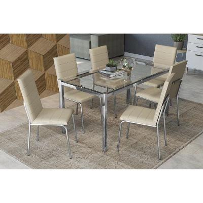Conjunto: Mesa Sala Jantar Reno C/ Tampo Vidro 150cm + 6 Cadeiras Amsterdã Cromado/courano Nude