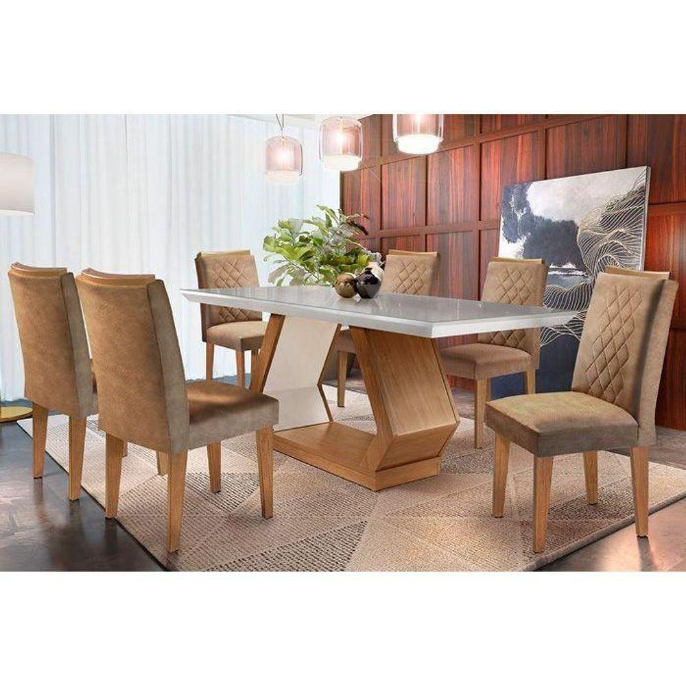 Conjunto: Mesa Sala Jantar Alvorada Tampo Madeirado c/ Vidro 180cm Canto Reto + 6 Cadeiras Jade Imbuia/Chocolate - Rufato - 1