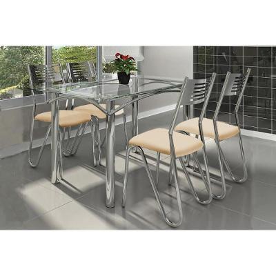Conjunto: Mesa Sala Jantar Elba c/ Tampo Vidro 140cm + 4 Cadeiras Nápoles Cromado/Courano Nude - Kappesberg