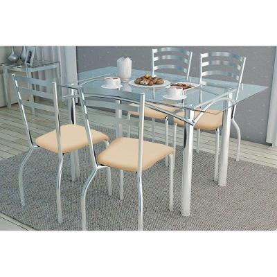 Conjunto: Mesa Sala Jantar Elba c/ Tampo Vidro 120cm + 4 Cadeiras Portugal Cromado/Courano Nude - Kappesberg