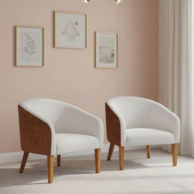 Poltrona Sala Decorativa Kit 2 Stella Pé Madeira Trapézio Castanho Sintético Pu D03 - D'rossi Nozes-bouclê Off White