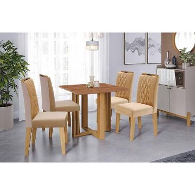 Sala De Jantar Completa Flora Tampo Madeirado 95x95cm E 4 Cadeiras Juliana Cinamomo - Carvalho/linho Bege - Cimol