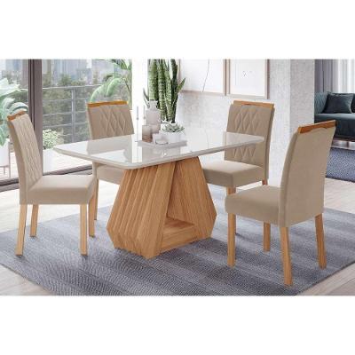 Conjunto Mesa De Cozinha ágata Tampo Madeirado Com Vidro 130x80cm E 4 Cadeiras Juliana Madeirado Linho Bege Cimol