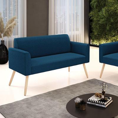 Sofá 2 Lugares Namoradeira Pé Palito Natural Marisa Bouclê Azul