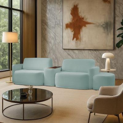 Sofá Sala Modulado 299cm Com Puff Console Usb Luminária Brumma Bouclê K01 - D'rossi Cor Azul