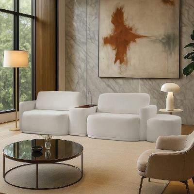 Sofá Sala Modulado 299cm Com Puff Console Usb Luminária Brumma Bouclê K01 - D'rossi Cor Cinza Claro