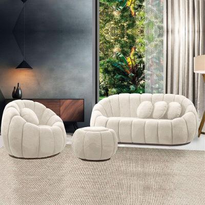 Sofá 2 Lugares Com Puff E Poltrona Giratória Orgânica Cloud Bouclê Bege E03 - D'rossi