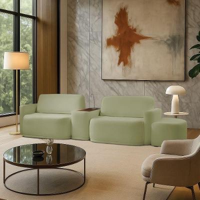 Sofá Sala Modulado 259cm Com Puff Console Usb Luminária Brumma Bouclê K01 - D'rossi Cor Verde