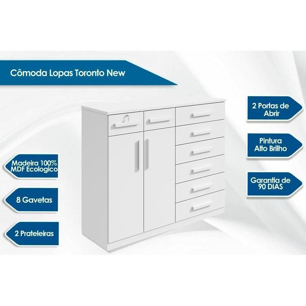 Cômoda de Quarto Toronto New c/ 2 Portas e 8 Gavetas Branco - Lopas - 2