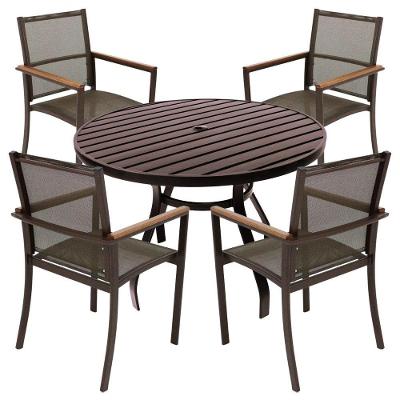 4 Cadeiras Alumínio E Mesa 1,20m Tampo Ripado área Jardim Piscina Jantar Marrom