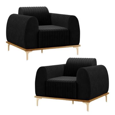 Kit 2 Poltronas Decorativas Sala De Estar Base De Madeira Euro Veludo Preto