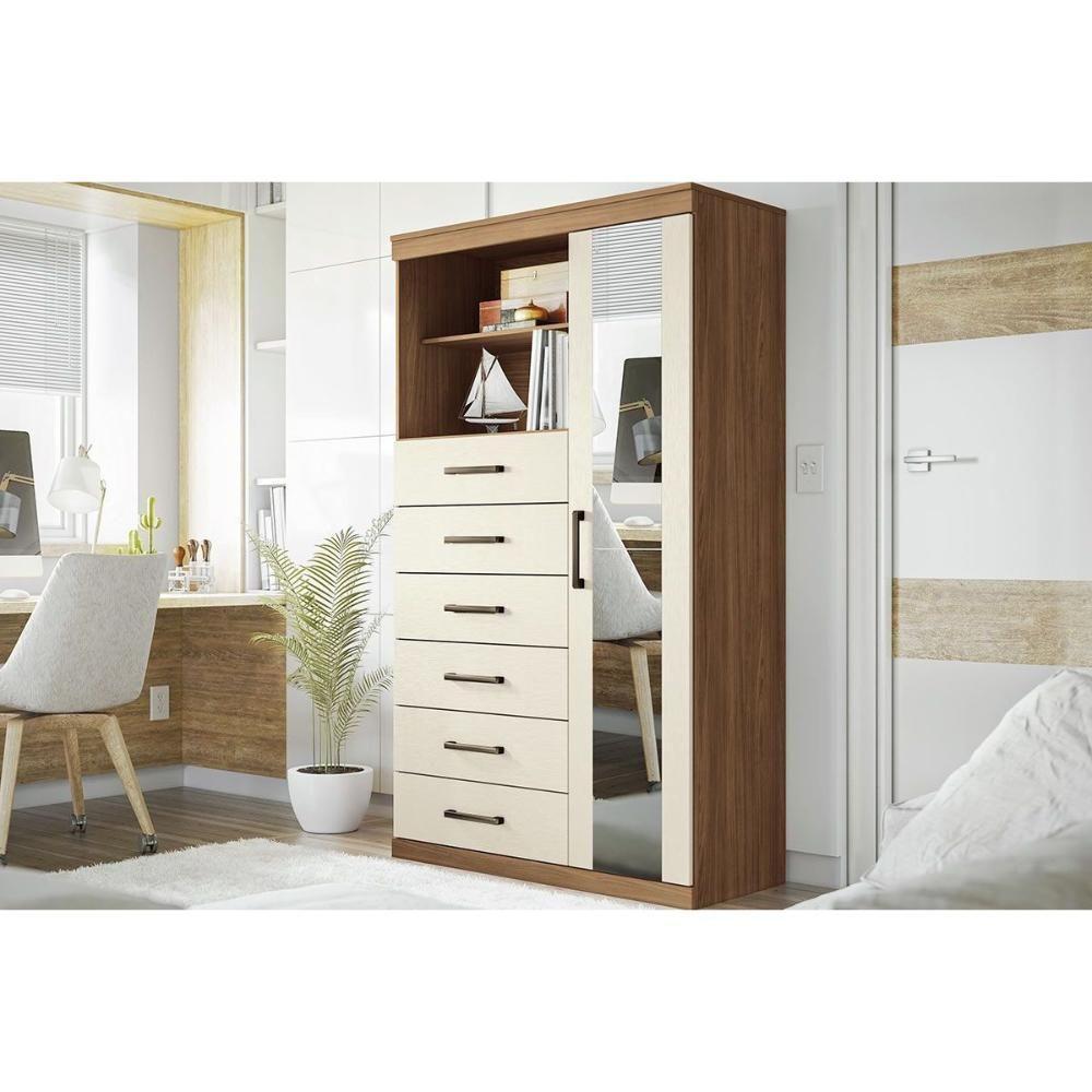 Cômoda Solteiro Marabá 1.6 C/ 1 Porta 2 Nichos E 6 Gavetas C/ Espelho Jatoba/areia - Santos Andirá - 1
