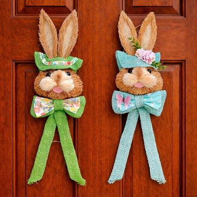 Dupla Pendente Cabeça Coelho Decoração De Páscoa Palha 50cm