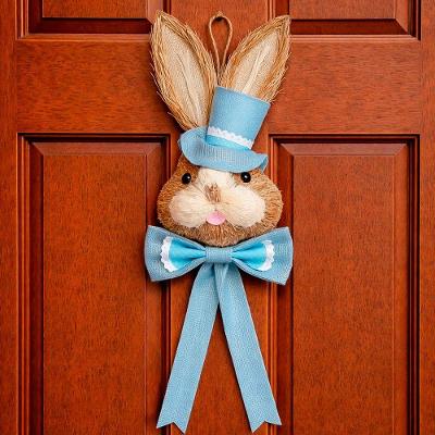 Pendente Cabeça Coelho Com Laço Decoração Páscoa Palha 85cm Azul