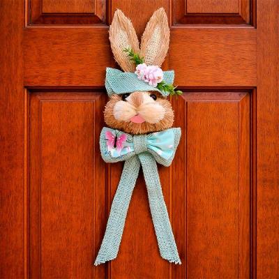 Pendente Cabeça Coelho Com Laço Decoração De Páscoa Em Palha Azul