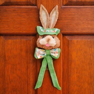 Pendente Cabeça Coelho Com Laço Decoração De Páscoa Em Palha Verde