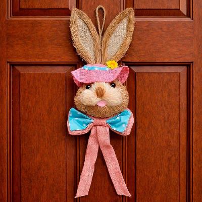 Decoração Páscoa Pendente Cabeça Coelho Com Laço Palha 65cm Rosa