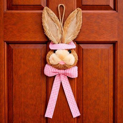 Pendente Cabeça Coelho Com Laço Decoração Páscoa Palha 40cm Rosa