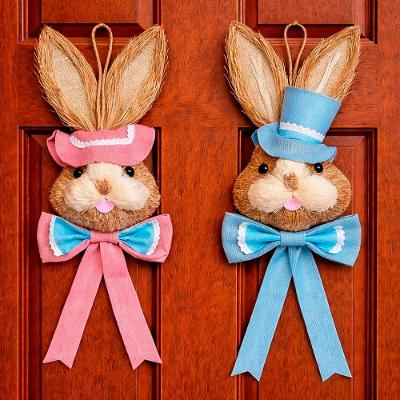 Casal Pendente Cabeça Coelho Decoração De Páscoa Palha 85cm