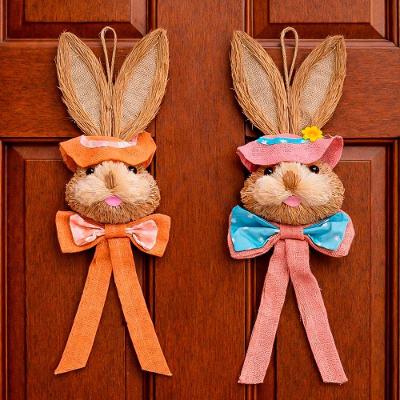 Pendente Casal Cabeça Coelho Decoração De Páscoa Palha 65cm