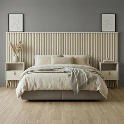 Cabeceira Ripada Casal Queen E Mesa Retrô Off White