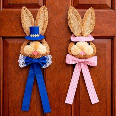 Casal Pendente Cabeça Coelho Decoração De Páscoa Palha 40cm