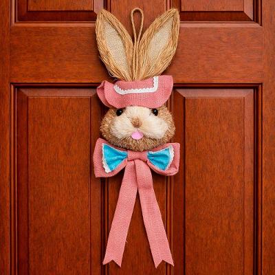 Pendente Cabeça Coelho Com Laço Decoração Páscoa Palha 85cm Rosa
