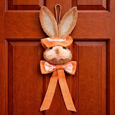 Decoração Páscoa Pendente Cabeça Coelho Com Laço Palha 65cm Laranja