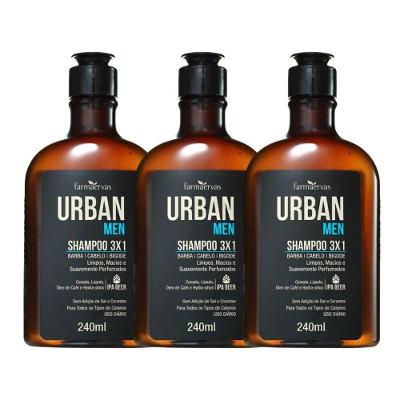 Kit 3 Shampoo 3 Em 1 Barba Cabelo Bigode Masculino 240ml Urban Men Farmaervas