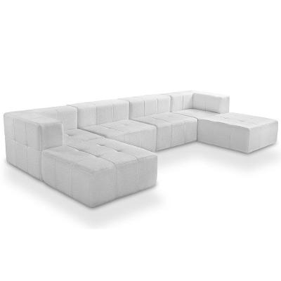 Sofá 6 Lugares Para Sala Living Modular Com Puff Lancaster F04 Bouclê Branco - Lyam Decor