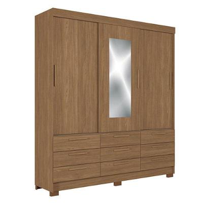 Guarda Roupa Casal 3 Portas De Correr 9 Gavetas Morretes Com Espelho Jatobá - Santos Andirá