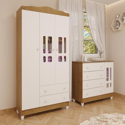 Quarto De Bebê Cômoda Com Fraldário Guarda Roupa 3 Portas Branco Com Bétula Carolina Baby