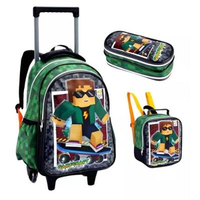 Kit Mochila Rodinhas Lancheira Estojo Infantil Escolar Minecraft Gamer Denlex