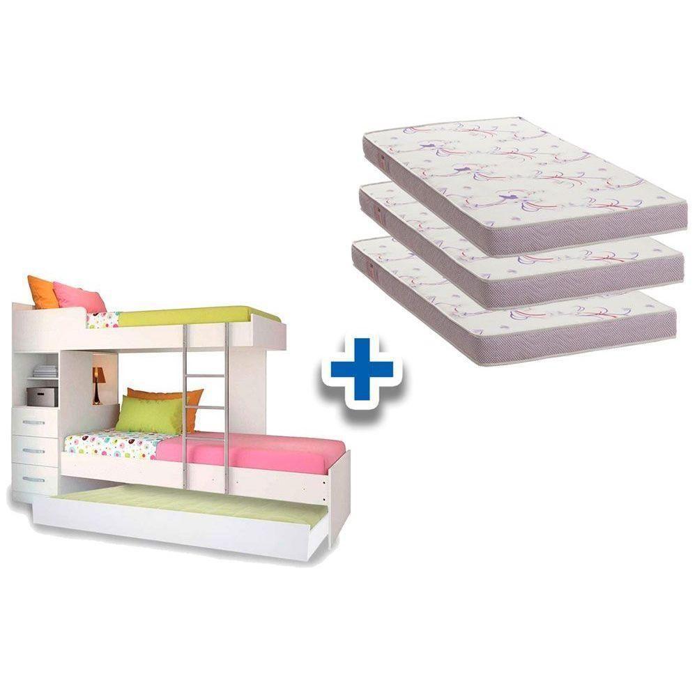 Colchão Physical Ortobom (3un) + Beliche Plus c/ Auxiliar Branco - 1