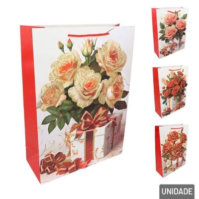 Sacola De Papel 41x30cm Flores Glitter - Tudo Em Caixa